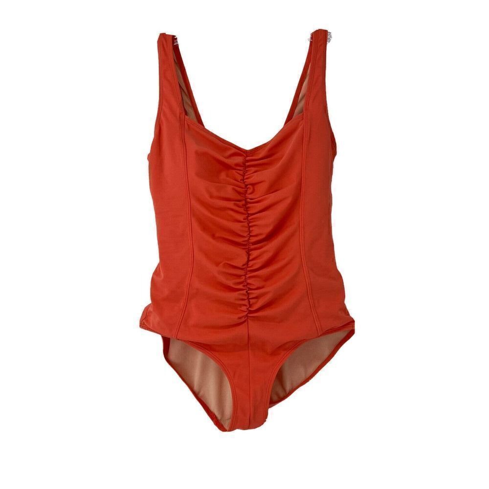 Marina West One Piece Swimsuit Tangerine Orange Ruched V Neck Size 12 Swim Wear